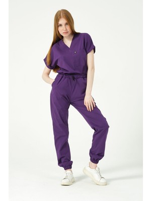 Pratik Medikal Mor Likralı Scrubs Jogger Paça Doktor Hemşire Forması Yarasa Kol Takım Unisex
