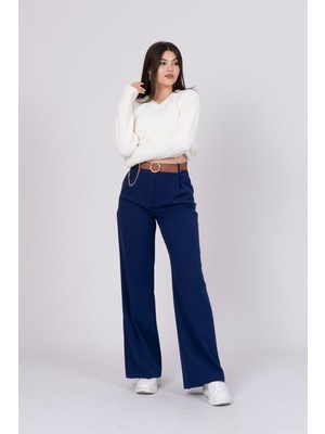 Bol Paça Cepli Kemerli ve Zincir Detaylı Atlas Kumaş Pantolon 30024