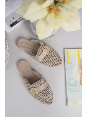 Moda Fırsat Kadın Günlük Terlik Bej Önü Kapalı Örgü Dantel Triko Hasır Örme Detaylı Şık Yazlık Ev Plaj Tatil Terliği