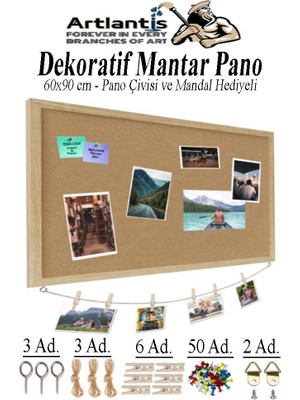 Artlantis Dekoratif Mantar Pano Ahşap Çerçeve 60X90 cm 1 Adet Harita Çivisi Hediyeli Duvara Monte Mantar Çerçeve Evde Okulda Büro