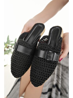 Kadın Günlük Terlik Siyah Önü Kapalı Örgü Dantel Triko Hasır Örme Detaylı Şık Yazlık Ev Plaj Tatil Terliği