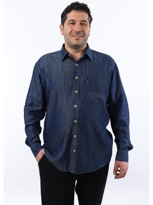 Tousus Büyük Beden Lacivert Kot Erkek Gömlek Uzun Kol Günlük Regular Fit Keten Efektli