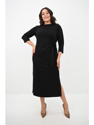 Moda Xlarge Kadın Büyük Beden Bel Bağlama Detaylı Siyah Elbise 5274-25 Şık ve Rahat Stil
