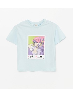 Bisiklet Yaka Baskılı Kısa Kollu Kız Çocuk Tişört