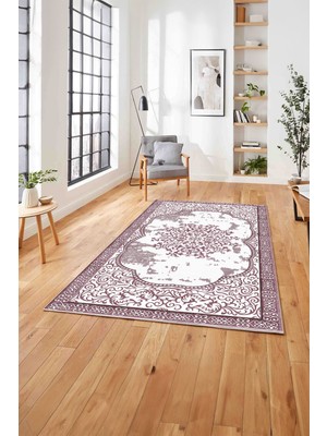 Napoli Home  Klasik Desen Dekoratif Baskılı Yıkanabilir Kaymaz Yolluk Mutfak Salon Halısı, Klasik-75-Pembe,