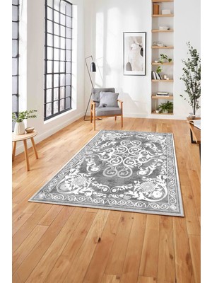 Napoli Home  Baskılı Klasik Afgan Model Sade Yıkanabilir Kaymaz Yolluk Mutfak Salon Halısı, Klasik-52-Gri,