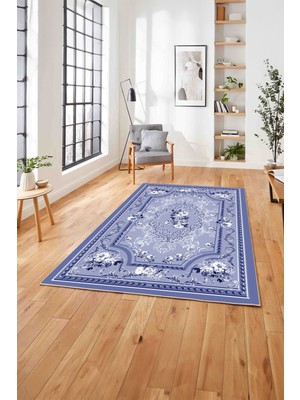 Napoli Home  Baskılı Klasik Çerçeve Çiçek Desen Yıkanabilir Kaymaz Yolluk Mutfak Salon Halısı,Klasik-53-Lacivert,