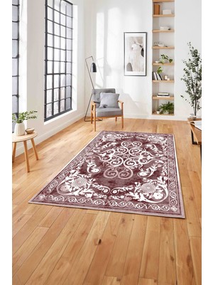 Napoli Home  Baskılı Klasik Afgan Model Sade Yıkanabilir Kaymaz Yolluk Mutfak Salon Halısı, Klasik-52-Bordo,