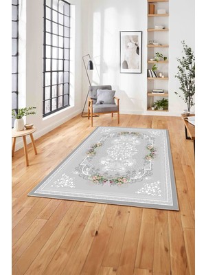 Napoli Home  Baskılı Klasik Çerçeveli Çiçek Model Yıkanabilir Kaymaz Yolluk Mutfak Salon Halısı, Klasik-35-Gri,