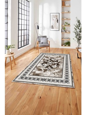 Napoli Home  Dijital Baskılı Klasik Çerçeveli Yıkanabilir Kaymaz Yolluk Mutfak Salon Halısı, Klasik-55-Kahve,