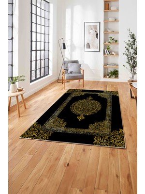 Napoli Home  Dijital Baskılı Klasik Afgan Desen Yıkanabilir Kaymaz Yolluk Mutfak Salon Halısı, Klasik-36-Gold,
