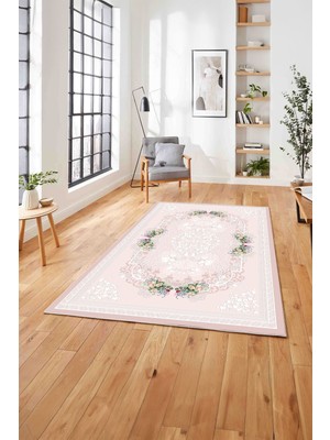 Napoli Home  Baskılı Klasik Çerçeveli Çiçek Model Yıkanabilir Kaymaz Yolluk Mutfak Salon Halısı, Klasik-35-Pembe,