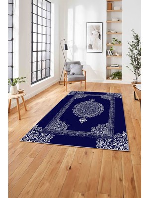 Napoli Home  Dijital Baskılı Klasik Afgan Desen Yıkanabilir Kaymaz Yolluk Mutfak Salon Halısı,Klasik-36-Lacivert,