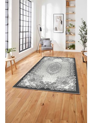 Napoli Home  Baskılı Klasik Geleneksel Desen Yıkanabilir Kaymaz Yolluk Mutfak Salon Halısı, Klasik-38-Gri,