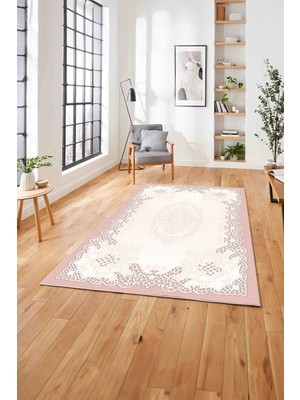 Napoli Home  Baskılı Klasik Geleneksel Desen Yıkanabilir Kaymaz Yolluk Mutfak Salon Halısı, Klasik-38-Pembe,