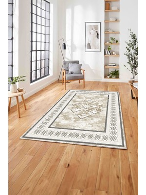 Napoli Home  Dijital Baskılı Klasik Çerçeveli Yıkanabilir Kaymaz Yolluk Mutfak Salon Halısı, Klasik-55-Bej,