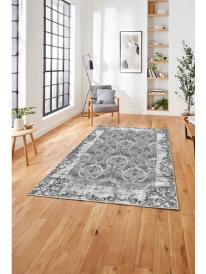 Napoli Home  Baskılı Klasik Akrilik Çerçeve Model Yıkanabilir Kaymaz Yolluk Mutfak Salon Halısı, Klasik-41-Gri,