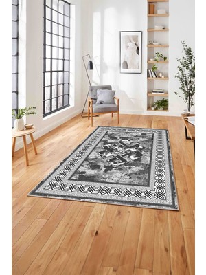 Napoli Home  Dijital Baskılı Klasik Çerçeveli Yıkanabilir Kaymaz Yolluk Mutfak Salon Halısı, Klasik-55-Gri,