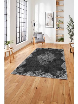 Napoli Home  Baskılı Klasik Otantik Model Yıkanabilir Kaymaz Yolluk Mutfak Salon Halısı, Klasik-39-Antrasit,