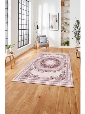 Napoli Home  Klasik Model Göbek Detaylı Baskılı Yıkanabilir Kaymaz Yolluk Mutfak Salon Halısı, Klasik-64-Bordo,