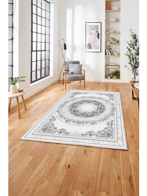 Napoli Home  Klasik Model Göbek Detaylı Baskılı Yıkanabilir Kaymaz Yolluk Mutfak Salon Halısı, Klasik-64-Gri,