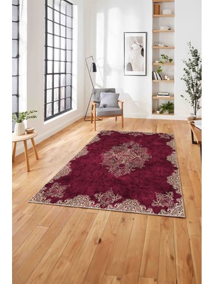 Napoli Home  Baskılı Klasik Otantik Model Yıkanabilir Kaymaz Yolluk Mutfak Salon Halısı, Klasik-39-Bordo,