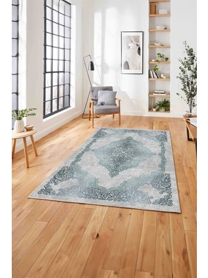 Napoli Home  Baskılı Klasik Eskitme Desen Yıkanabilir Kaymaz Yolluk Mutfak Salon Halısı, Klasik-47-Mavi,