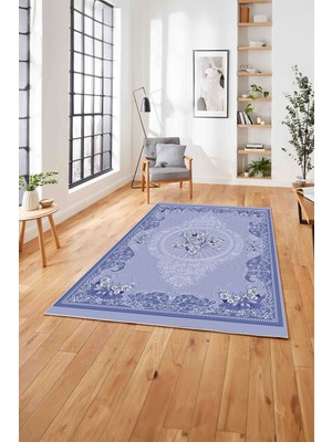 Napoli Home  Klasik Gül Motifli Dijital Baskılı Yıkanabilir Kaymaz Yolluk Mutfak Salon Halısı, Klasik-66-Mavi,