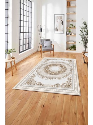 Napoli Home  Klasik Model Göbek Detaylı Baskılı Yıkanabilir Kaymaz Yolluk Mutfak Salon Halısı, Klasik-64-Bej,