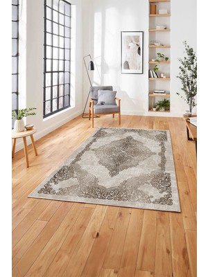 Napoli Home  Baskılı Klasik Eskitme Desen Yıkanabilir Kaymaz Yolluk Mutfak Salon Halısı, Klasik-47-Kahve,