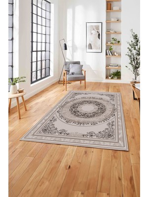 Napoli Home  Klasik Model Göbek Detaylı Baskılı Yıkanabilir Kaymaz Yolluk Mutfak Salon Halısı, Klasik-64-Vizon,