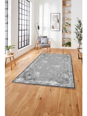 Napoli Home  Baskılı Klasik Çiçek Motifli Yıkanabilir Kaymaz Yolluk Mutfak Salon Halısı, Klasik-45-Gri,