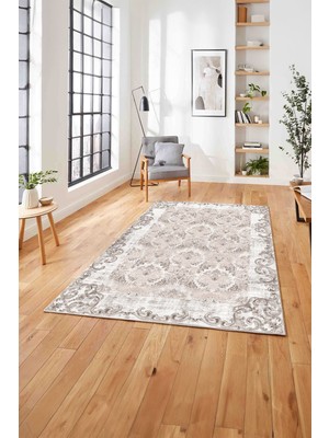 Napoli Home  Baskılı Klasik Akrilik Çerçeve Model Yıkanabilir Kaymaz Yolluk Mutfak Salon Halısı, Klasik-41-Bej,
