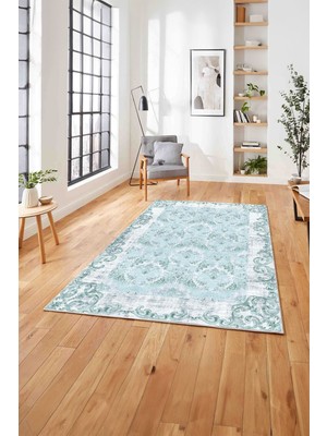 Napoli Home  Baskılı Klasik Akrilik Çerçeve Model Yıkanabilir Kaymaz Yolluk Mutfak Salon Halısı, Klasik-41-Mavi,