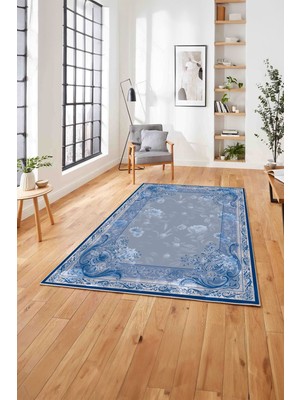 Napoli Home  Baskılı Klasik Çiçek Motifli Yıkanabilir Kaymaz Yolluk Mutfak Salon Halısı, Klasik-45-Mavi,
