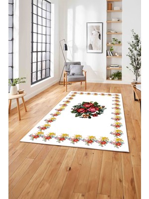 Napoli Home  Klasik Gül Motifli Dekoratif Yıkanabilir Kaymaz Yolluk Mutfak Salon Halısı, Klasik-74-Beyaz,