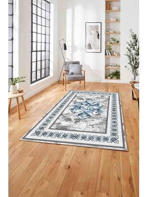 Napoli Home  Dijital Baskılı Klasik Çerçeveli Yıkanabilir Kaymaz Yolluk Mutfak Salon Halısı, Klasik-55-Mavi,