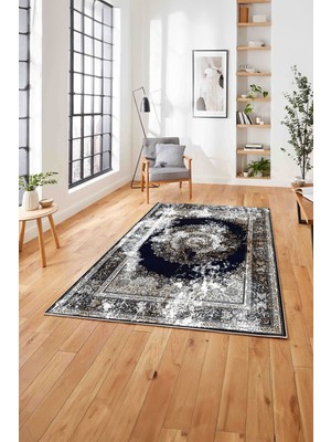 Napoli Home  Klasik Çerçeveli Eskitme Model Yıkanabilir Kaymaz Yolluk Mutfak Salon Halısı, Klasik-78-Lacivert,