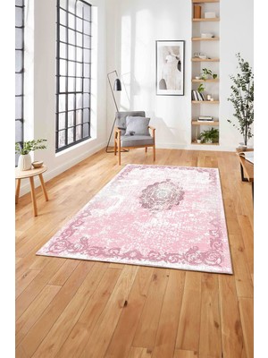 Napoli Home  Baskılı Klasik Dekoratif Model Yıkanabilir Kaymaz Yolluk Mutfak Salon Halısı, Klasik-49-Pembe,