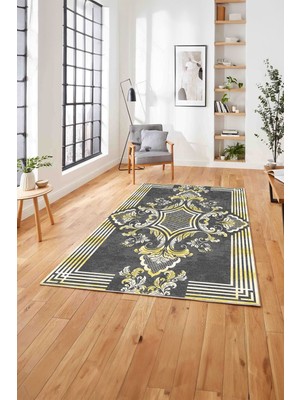 Napoli Home  Baskılı Klasik Akrilik Çerçeve Model Yıkanabilir Kaymaz Yolluk Mutfak Salon Halısı, Klasik-48-Gold,