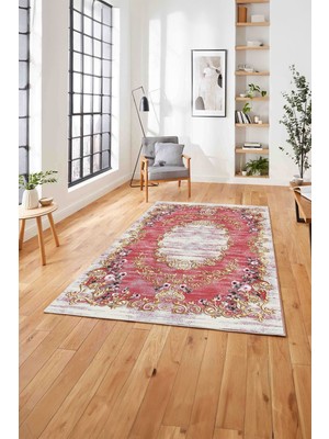 Napoli Home  Dijital Baskılı Klasik Gül Motifli Yıkanabilir Kaymaz Yolluk Mutfak Salon Halısı, Klasik-56-Kırmızı,