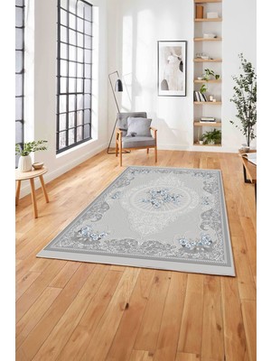 Napoli Home  Klasik Gül Motifli Dijital Baskılı Yıkanabilir Kaymaz Yolluk Mutfak Salon Halısı, Klasik-66-Gri,