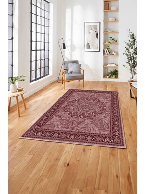 Napoli Home  Baskılı Klasik Çerçeve Model Yıkanabilir Kaymaz Yolluk Mutfak Salon Halısı, Klasik-40-Bordo,
