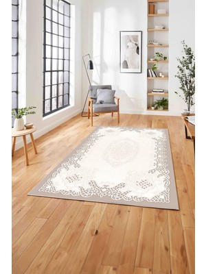 Napoli Home  Baskılı Klasik Geleneksel Desen Yıkanabilir Kaymaz Yolluk Mutfak Salon Halısı, Klasik-38-Bej,