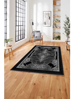 Napoli Home  Klasik Çerçeve Model Baskılı Yıkanabilir Kaymaz Yolluk Mutfak Salon Halısı, Klasik-72-Siyah,