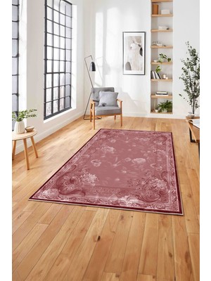 Napoli Home  Baskılı Klasik Çiçek Motifli Yıkanabilir Kaymaz Yolluk Mutfak Salon Halısı, Klasik-45-Bordo,