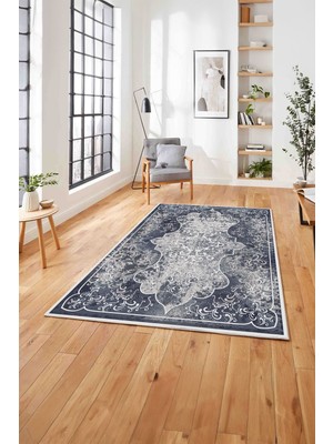 Napoli Home  Baskılı Klasik Eskitme Model Yıkanabilir Kaymaz Yolluk Mutfak Salon Halısı, Klasik-44-Lacivert,
