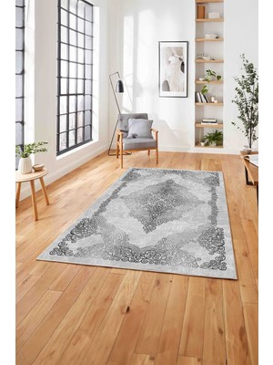 Napoli Home  Baskılı Klasik Eskitme Desen Yıkanabilir Kaymaz Yolluk Mutfak Salon Halısı, Klasik-47-Gri,