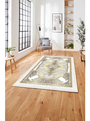 Napoli Home  Klasik Çerçeve Model Baskılı Yıkanabilir Kaymaz Yolluk Mutfak Salon Halısı, Klasik-72-Gold,