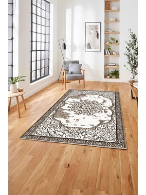 Napoli Home  Klasik Desen Dekoratif Baskılı Yıkanabilir Kaymaz Yolluk Mutfak Salon Halısı, Klasik-75-Kahve,